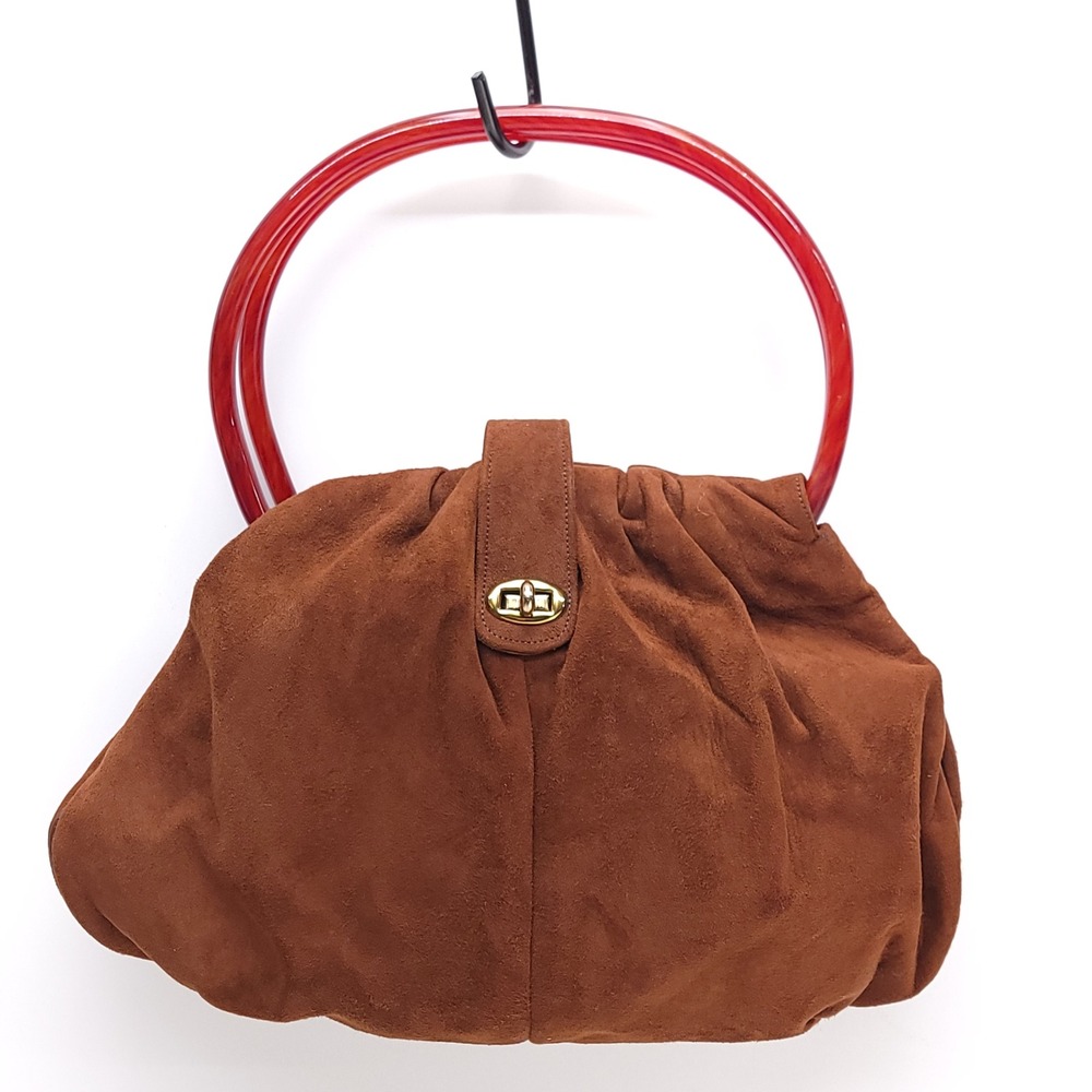 Vintage Brown Suede Slouchy Handbag Red‎ Lucite Round Handles Turn-Lock Brown